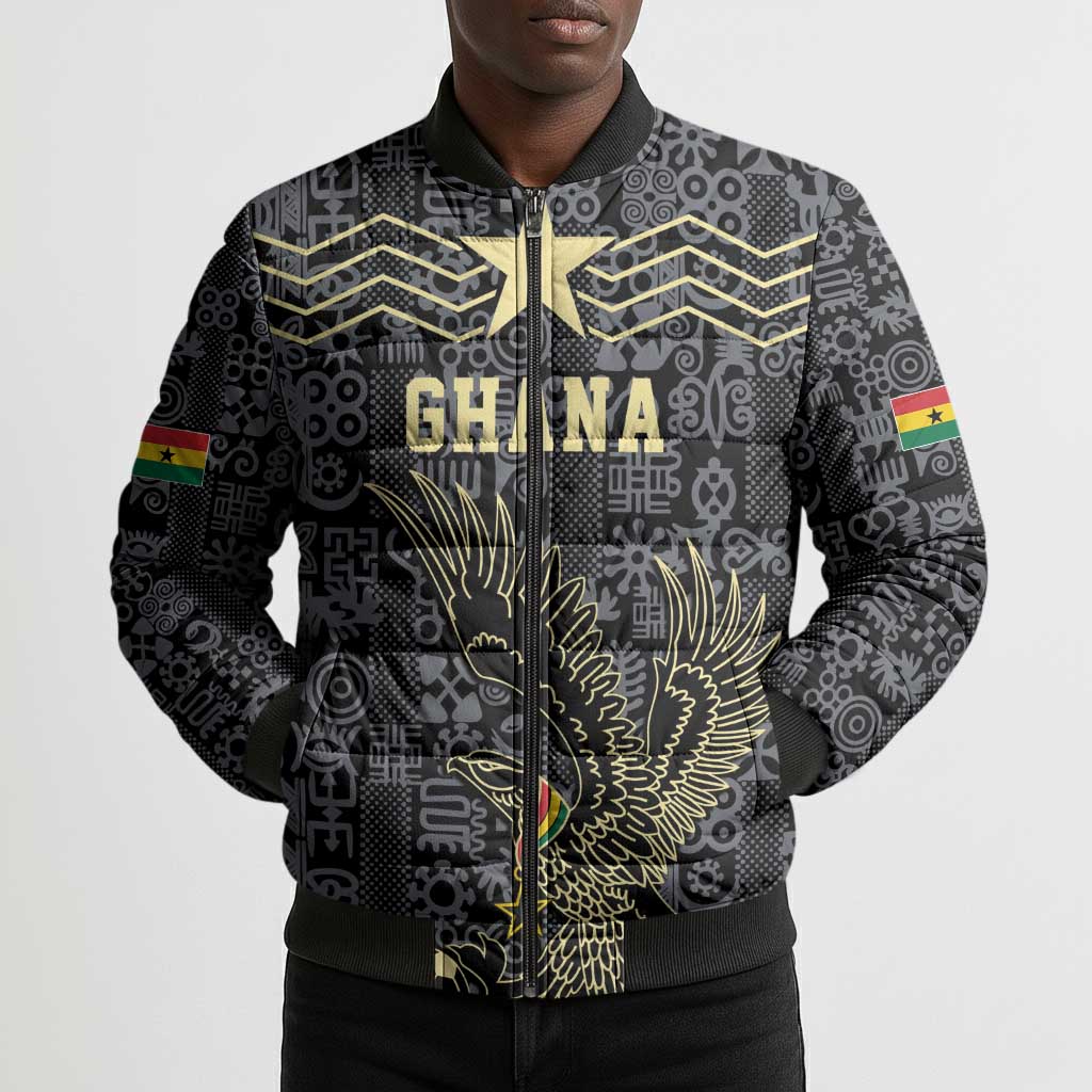 Custom World Football 2026 Ghana Bomber Puffer Jacket Black Stars Rise with Black Adinkra Pattern