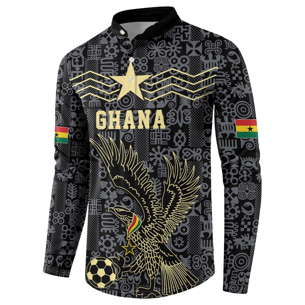 Custom World Football 2026 Ghana Button Sweatshirt Black Stars Rise with Black Adinkra Pattern