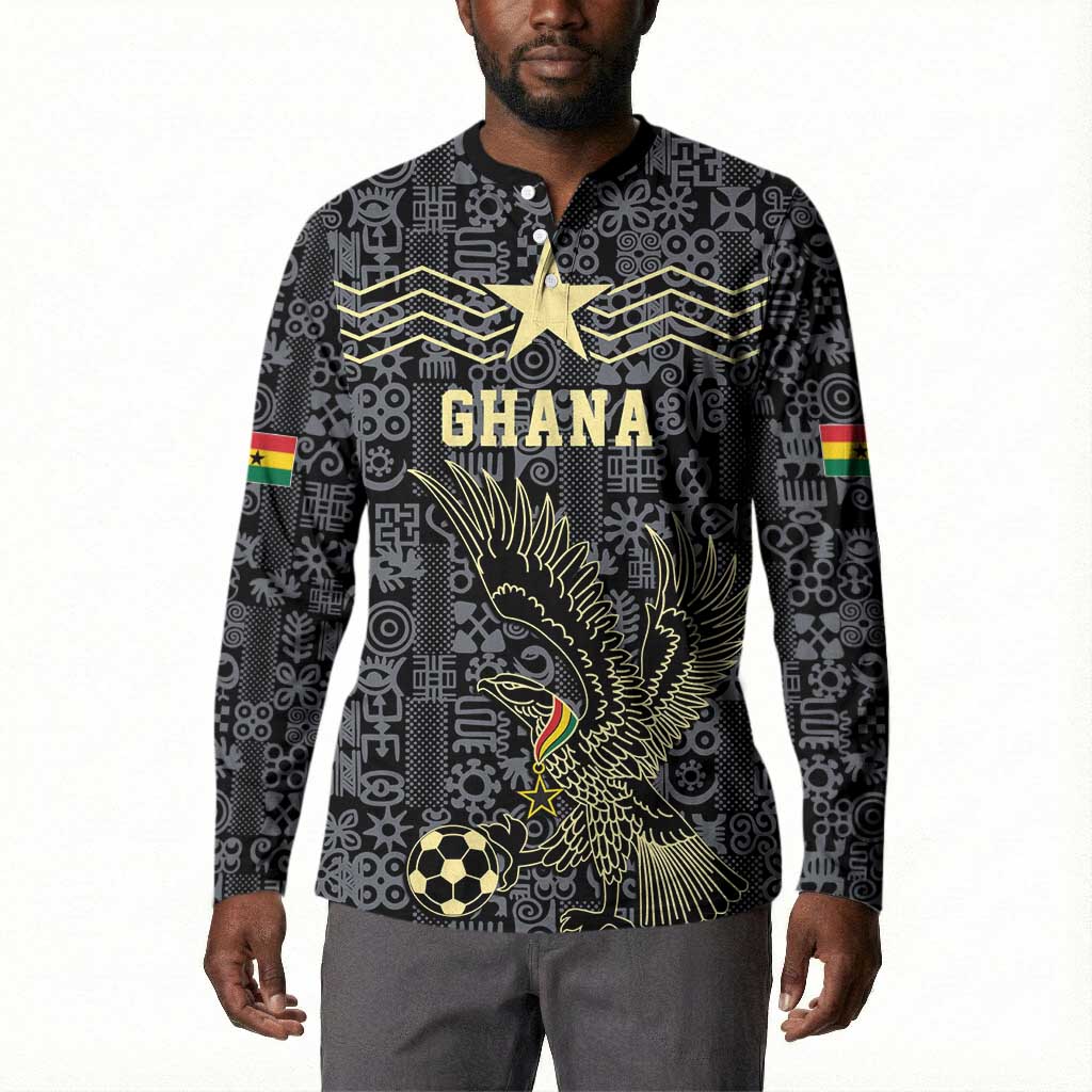 Custom World Football 2026 Ghana Button Sweatshirt Black Stars Rise with Black Adinkra Pattern