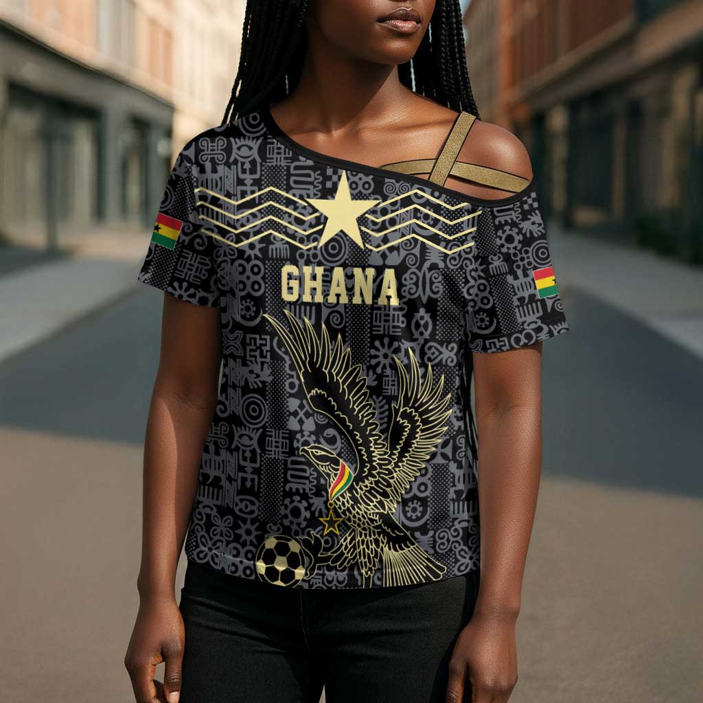 Custom World Football 2026 Ghana Cross Shoulder Shirt Black Stars Rise with Black Adinkra Pattern