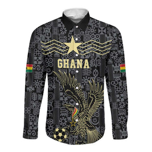 Custom World Football 2026 Ghana Long Sleeve Button Shirt Black Stars Rise with Black Adinkra Pattern
