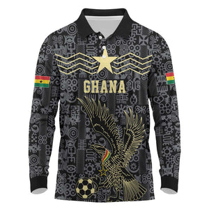 Custom World Football 2026 Ghana Long Sleeve Polo Shirt Black Stars Rise with Black Adinkra Pattern