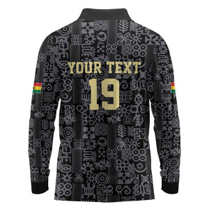 Custom World Football 2026 Ghana Long Sleeve Polo Shirt Black Stars Rise with Black Adinkra Pattern