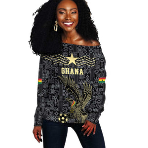Custom World Football 2026 Ghana Off Shoulder Sweater Black Stars Rise with Black Adinkra Pattern