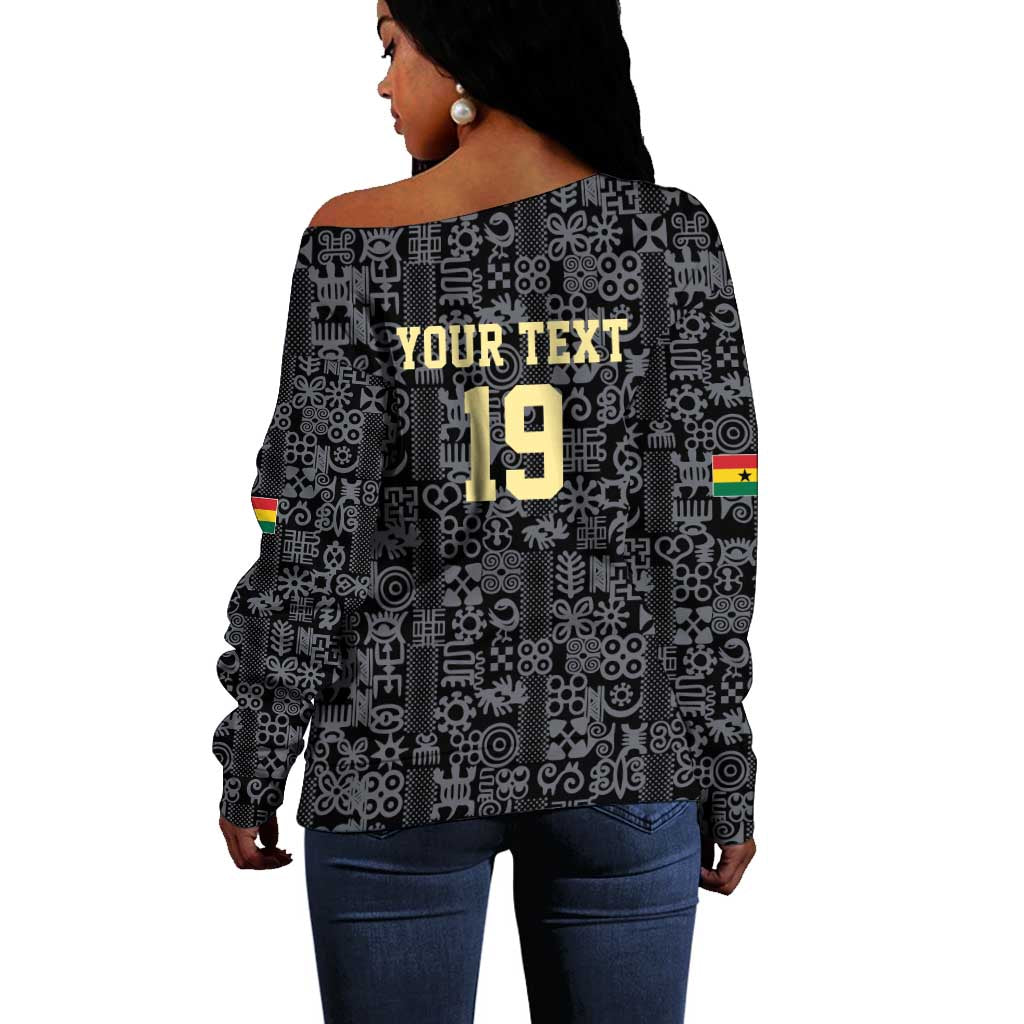 Custom World Football 2026 Ghana Off Shoulder Sweater Black Stars Rise with Black Adinkra Pattern