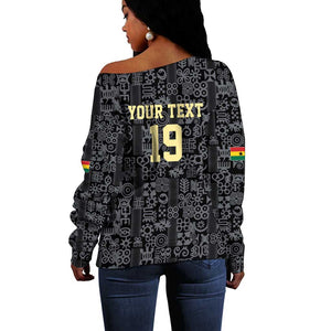 Custom World Football 2026 Ghana Off Shoulder Sweater Black Stars Rise with Black Adinkra Pattern