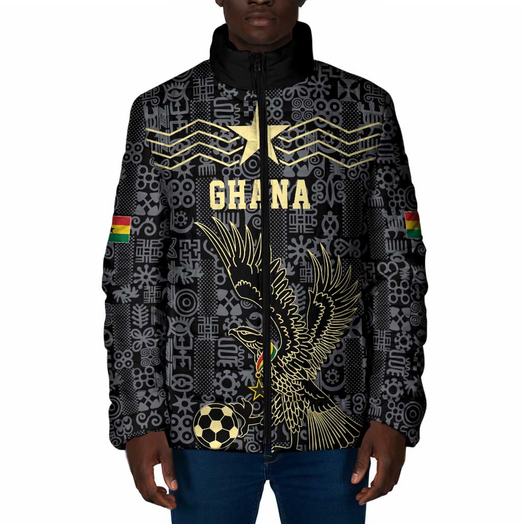 Custom World Football 2026 Ghana Padded Jacket Black Stars Rise with Black Adinkra Pattern