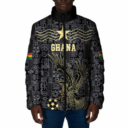 Custom World Football 2026 Ghana Padded Jacket Black Stars Rise with Black Adinkra Pattern