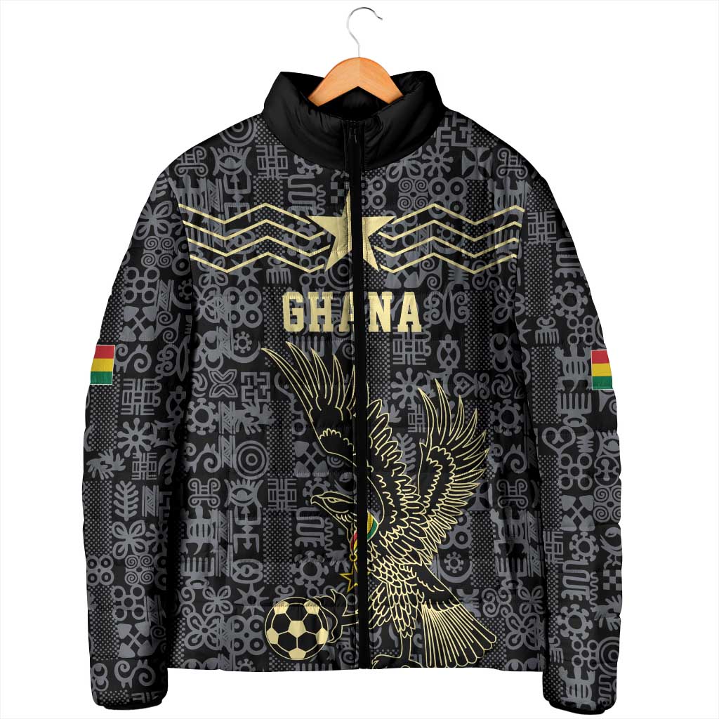 Custom World Football 2026 Ghana Padded Jacket Black Stars Rise with Black Adinkra Pattern