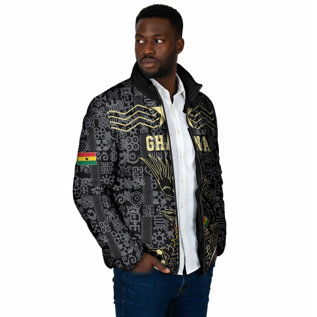 Custom World Football 2026 Ghana Padded Jacket Black Stars Rise with Black Adinkra Pattern