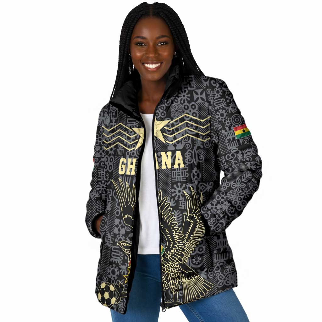 Custom World Football 2026 Ghana Padded Jacket Black Stars Rise with Black Adinkra Pattern
