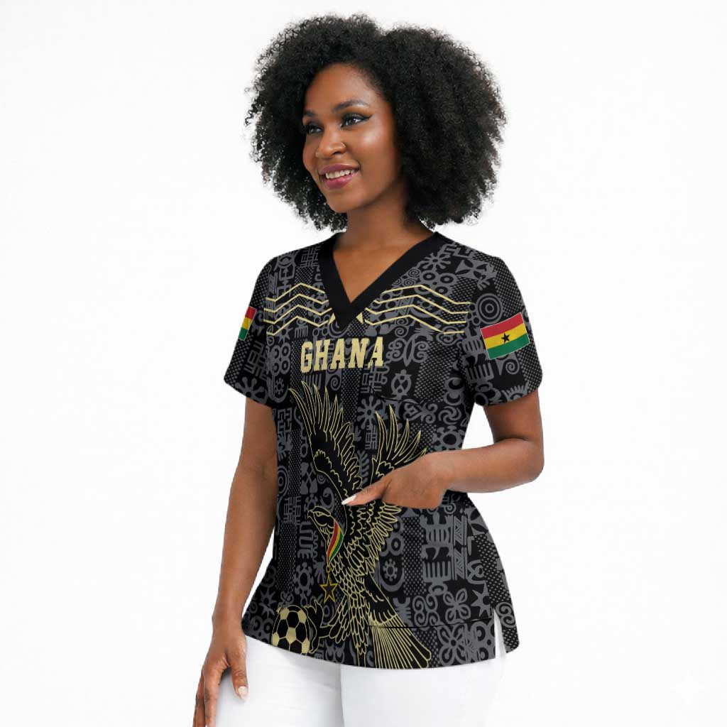 Custom World Football 2026 Ghana Scrub Top Black Stars Rise with Black Adinkra Pattern