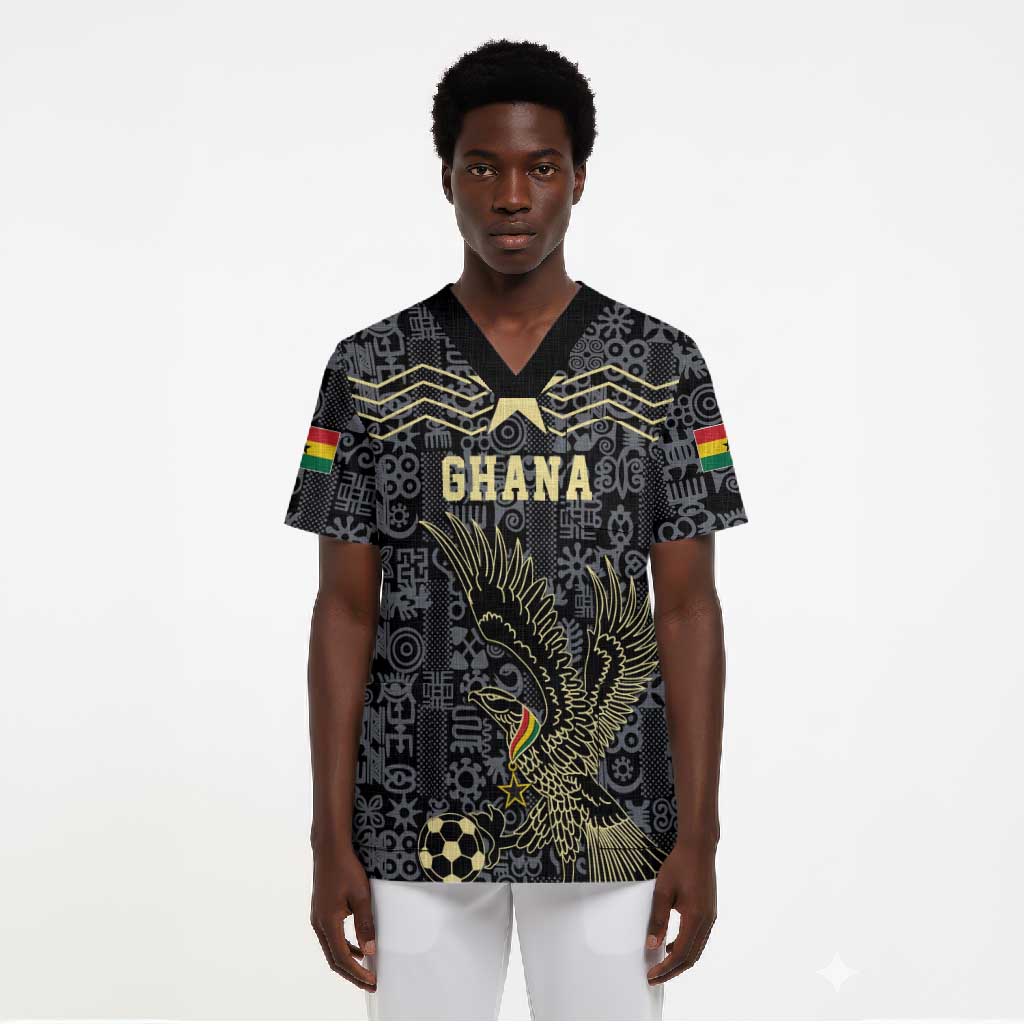 Custom World Football 2026 Ghana Scrub Top Black Stars Rise with Black Adinkra Pattern