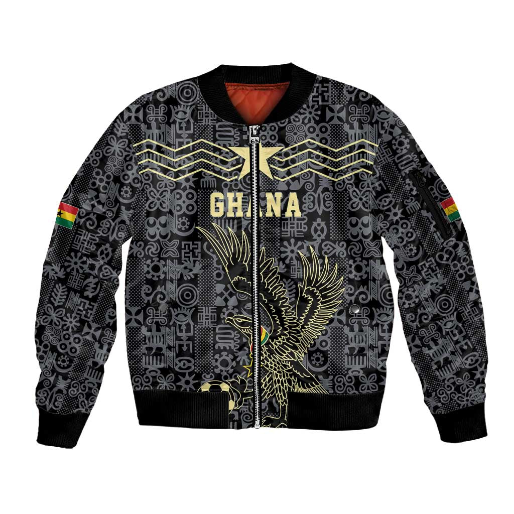 Custom World Football 2026 Ghana Sleeve Zip Bomber Jacket Black Stars Rise with Black Adinkra Pattern