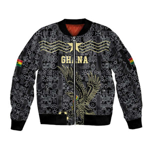Custom World Football 2026 Ghana Sleeve Zip Bomber Jacket Black Stars Rise with Black Adinkra Pattern
