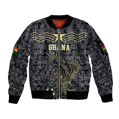Custom World Football 2026 Ghana Sleeve Zip Bomber Jacket Black Stars Rise with Black Adinkra Pattern