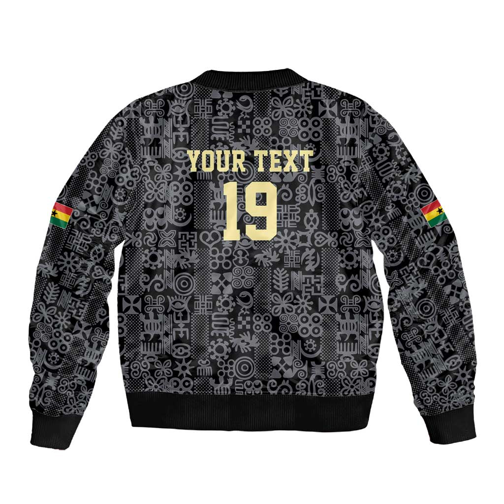 Custom World Football 2026 Ghana Sleeve Zip Bomber Jacket Black Stars Rise with Black Adinkra Pattern