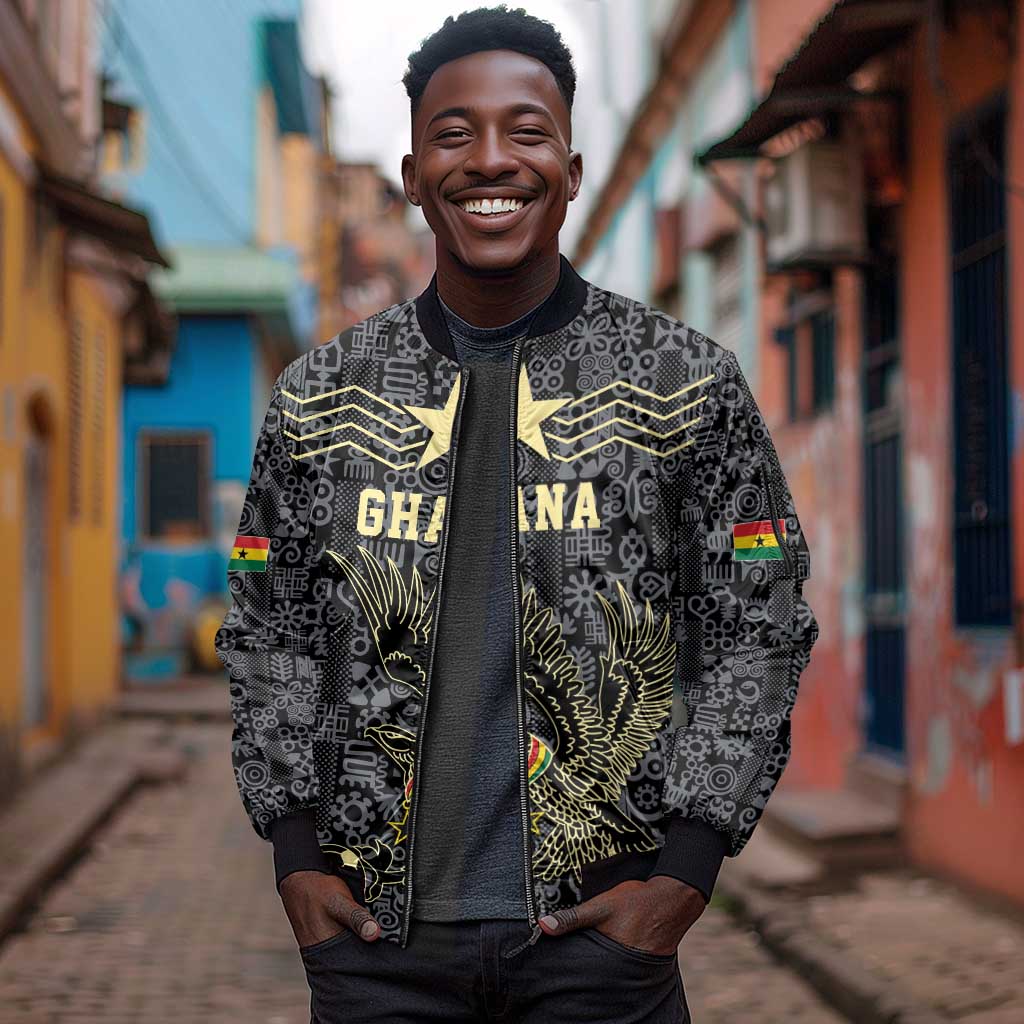 Custom World Football 2026 Ghana Sleeve Zip Bomber Jacket Black Stars Rise with Black Adinkra Pattern