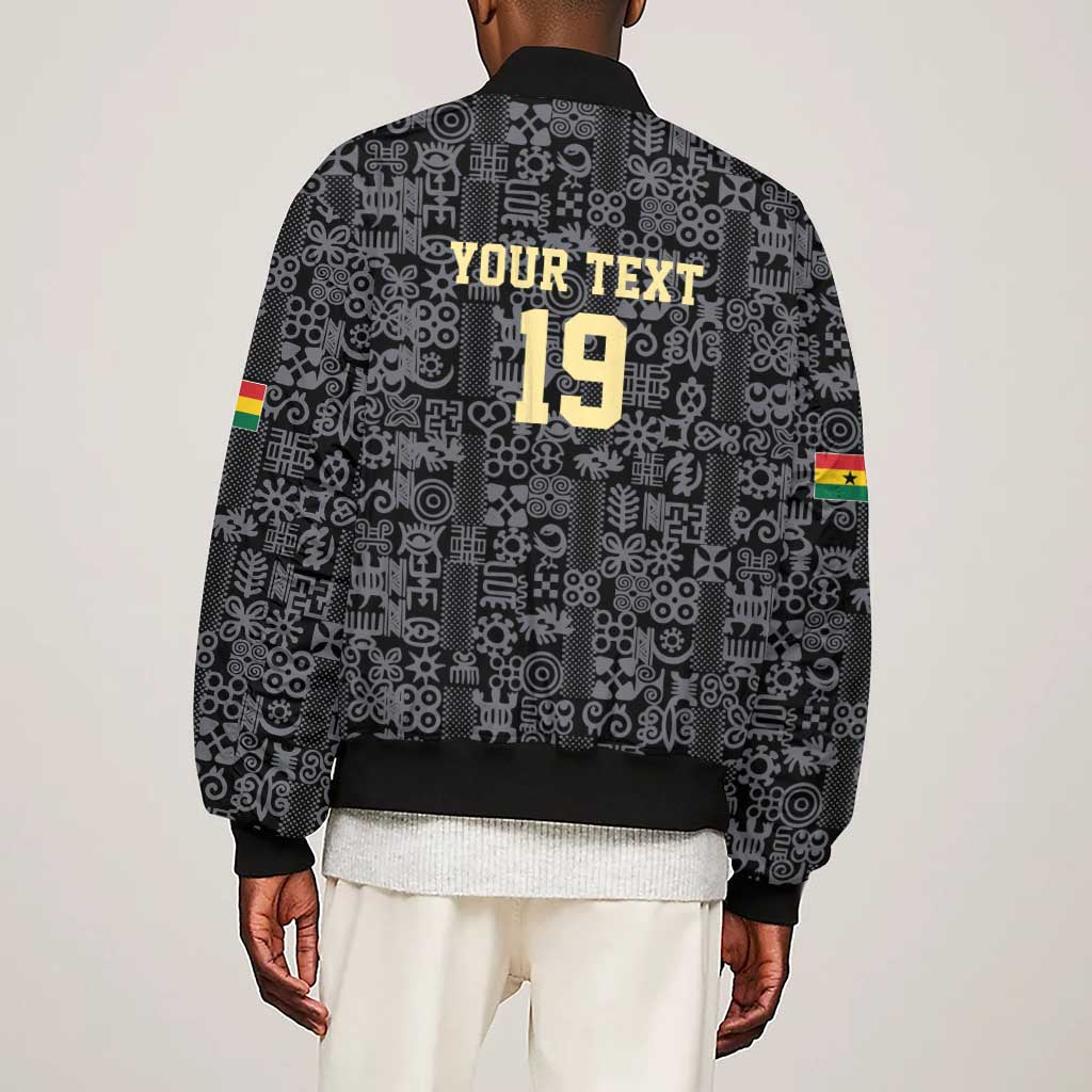Custom World Football 2026 Ghana Sleeve Zip Bomber Jacket Black Stars Rise with Black Adinkra Pattern