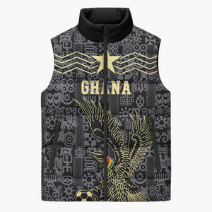 Custom World Football 2026 Ghana Sleeveless Puffer Jacket Black Stars Rise with Black Adinkra Pattern