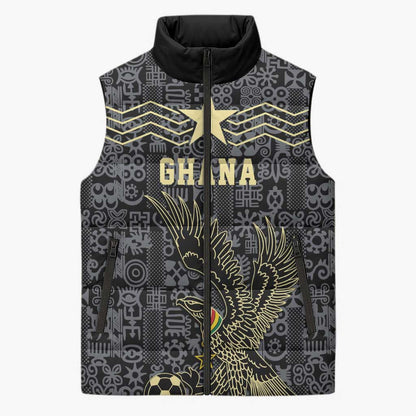 Custom World Football 2026 Ghana Sleeveless Puffer Jacket Black Stars Rise with Black Adinkra Pattern