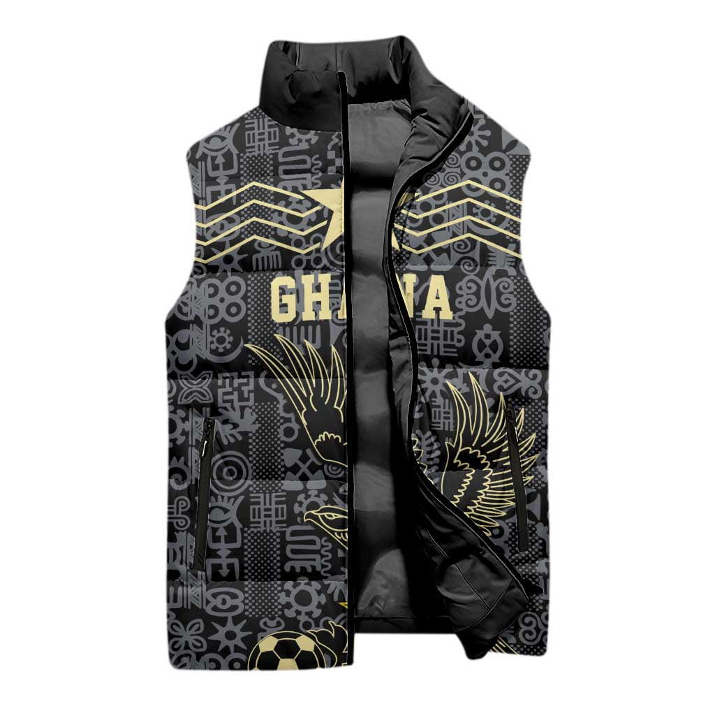 Custom World Football 2026 Ghana Sleeveless Puffer Jacket Black Stars Rise with Black Adinkra Pattern