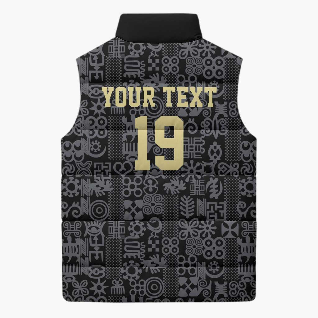 Custom World Football 2026 Ghana Sleeveless Puffer Jacket Black Stars Rise with Black Adinkra Pattern