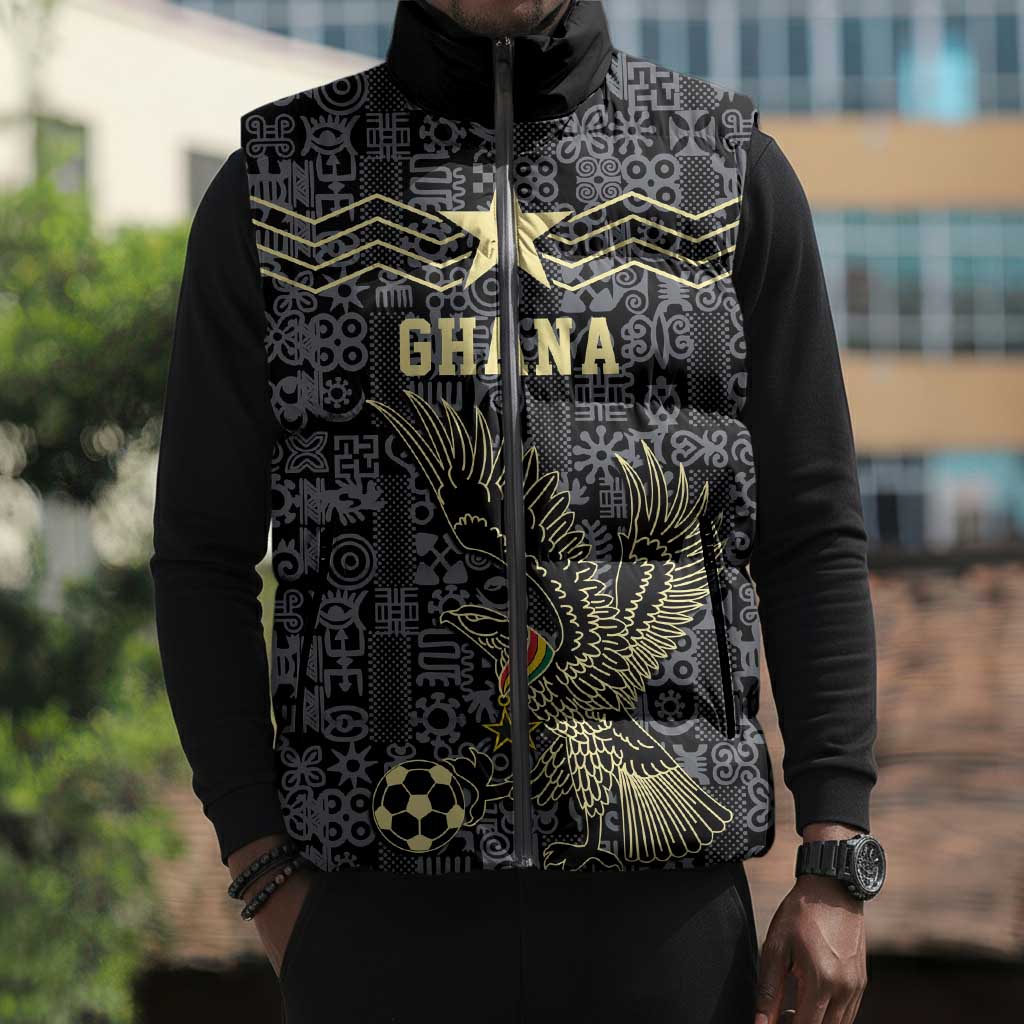 Custom World Football 2026 Ghana Sleeveless Puffer Jacket Black Stars Rise with Black Adinkra Pattern