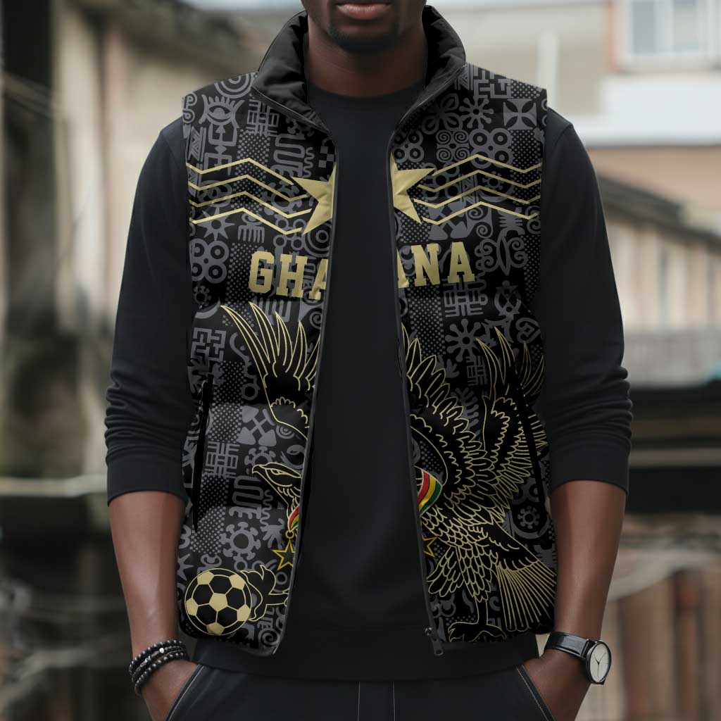 Custom World Football 2026 Ghana Sleeveless Puffer Jacket Black Stars Rise with Black Adinkra Pattern