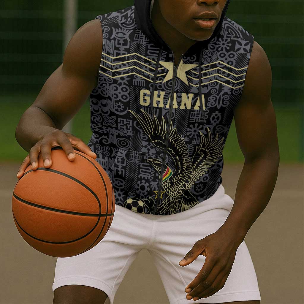 Custom World Football 2026 Ghana Sleeveless Zip Hoodie Black Stars Rise with Black Adinkra Pattern