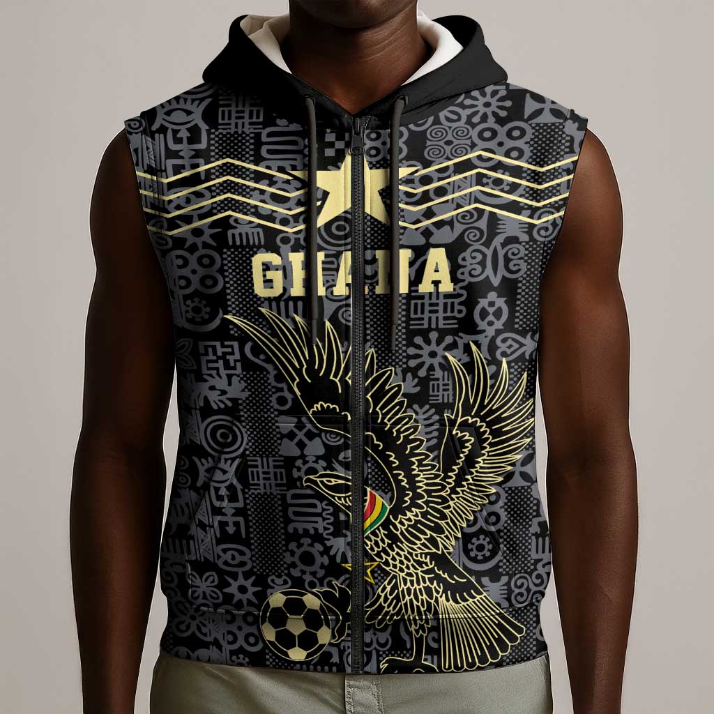 Custom World Football 2026 Ghana Sleeveless Zip Hoodie Black Stars Rise with Black Adinkra Pattern