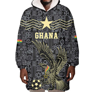 Custom World Football 2026 Ghana Wearable Blanket Hoodie Black Stars Rise with Black Adinkra Pattern