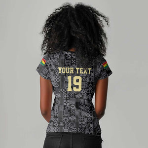 Custom World Football 2026 Ghana Women V-Neck T-Shirt Black Stars Rise with Black Adinkra Pattern