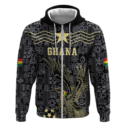 Custom World Football 2026 Ghana Zip Hoodie Black Stars Rise with Black Adinkra Pattern