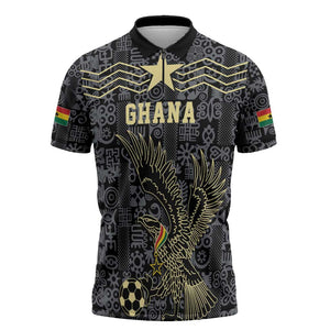 Custom World Football 2026 Ghana Zipper Polo Shirt Black Stars Rise with Black Adinkra Pattern