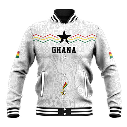 Custom World Football 2026 Ghana Baseball Jacket Black Stars Rise with White Adinkra Pattern