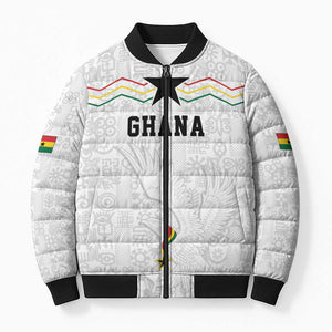 Custom World Football 2026 Ghana Bomber Puffer Jacket Black Stars Rise with White Adinkra Pattern