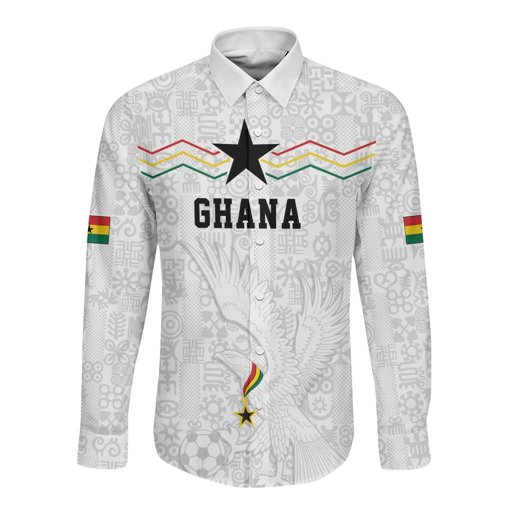 Custom World Football 2026 Ghana Long Sleeve Button Shirt Black Stars Rise with White Adinkra Pattern