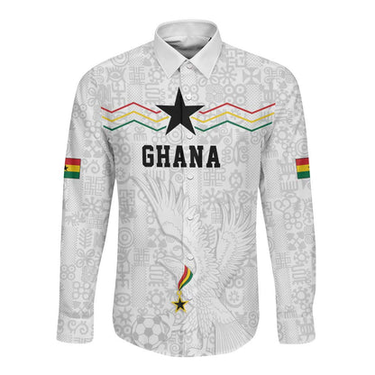 Custom World Football 2026 Ghana Long Sleeve Button Shirt Black Stars Rise with White Adinkra Pattern