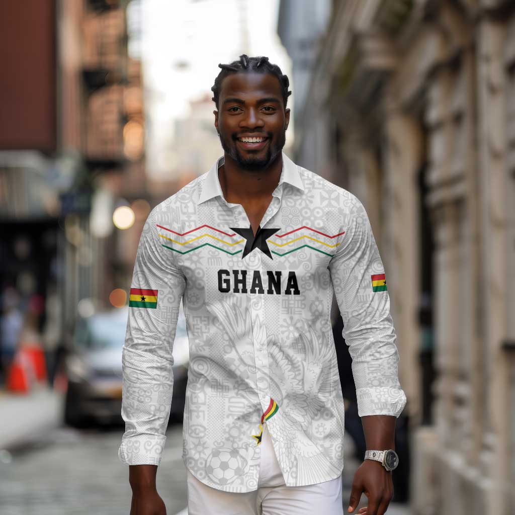 Custom World Football 2026 Ghana Long Sleeve Button Shirt Black Stars Rise with White Adinkra Pattern