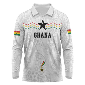 Custom World Football 2026 Ghana Long Sleeve Polo Shirt Black Stars Rise with White Adinkra Pattern