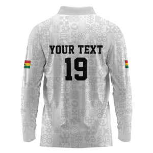 Custom World Football 2026 Ghana Long Sleeve Polo Shirt Black Stars Rise with White Adinkra Pattern