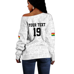 Custom World Football 2026 Ghana Off Shoulder Sweater Black Stars Rise with White Adinkra Pattern