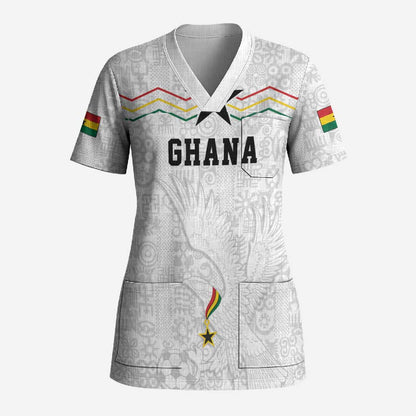 Custom World Football 2026 Ghana Scrub Top Black Stars Rise with White Adinkra Pattern