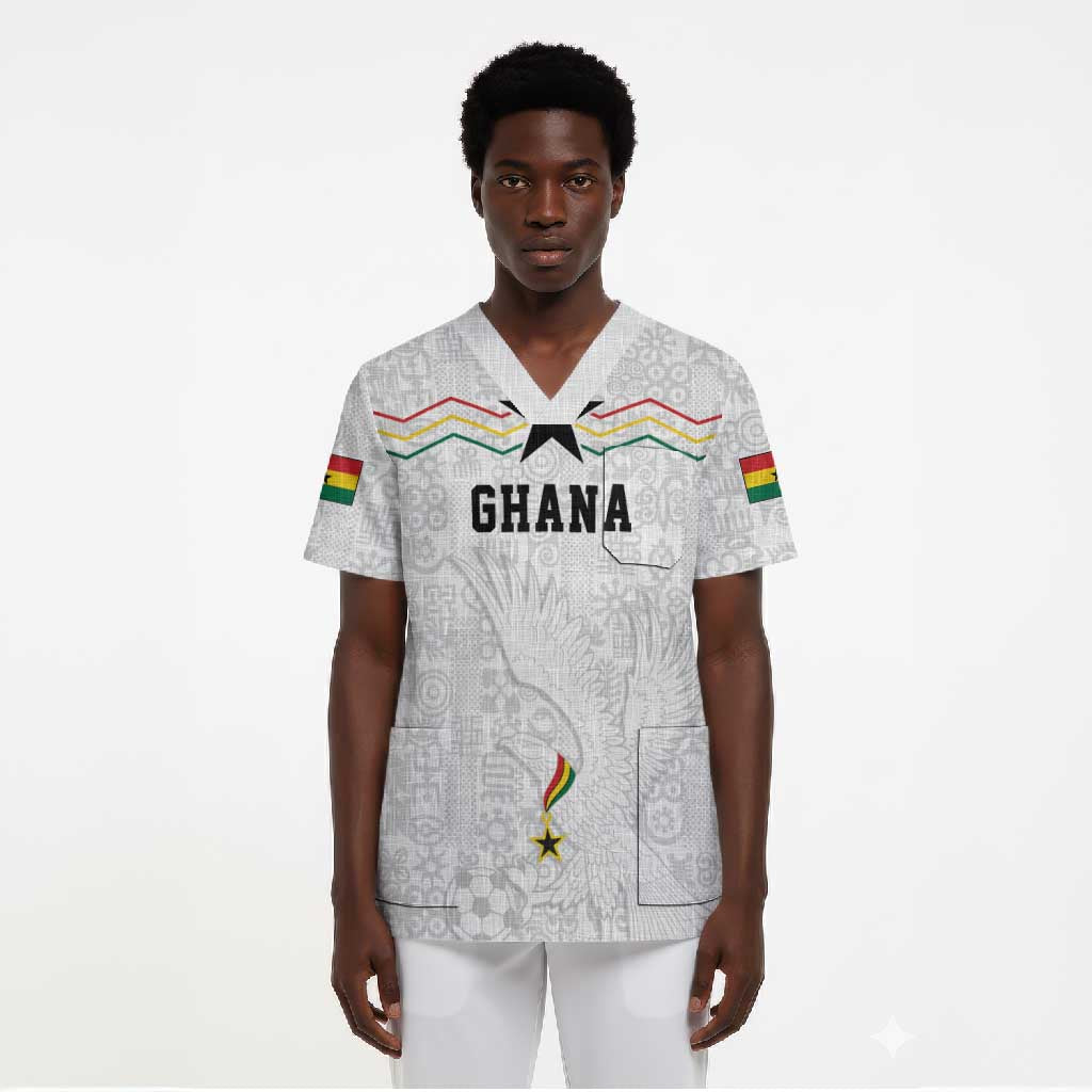 Custom World Football 2026 Ghana Scrub Top Black Stars Rise with White Adinkra Pattern