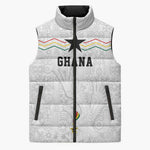 Custom World Football 2026 Ghana Sleeveless Puffer Jacket Black Stars Rise with White Adinkra Pattern