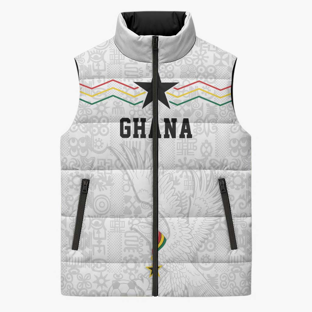 Custom World Football 2026 Ghana Sleeveless Puffer Jacket Black Stars Rise with White Adinkra Pattern