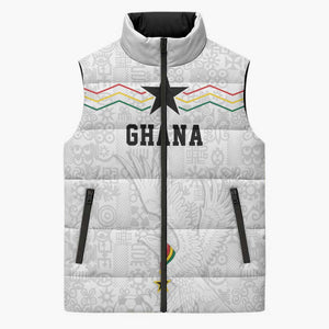 Custom World Football 2026 Ghana Sleeveless Puffer Jacket Black Stars Rise with White Adinkra Pattern