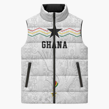 Custom World Football 2026 Ghana Sleeveless Puffer Jacket Black Stars Rise with White Adinkra Pattern