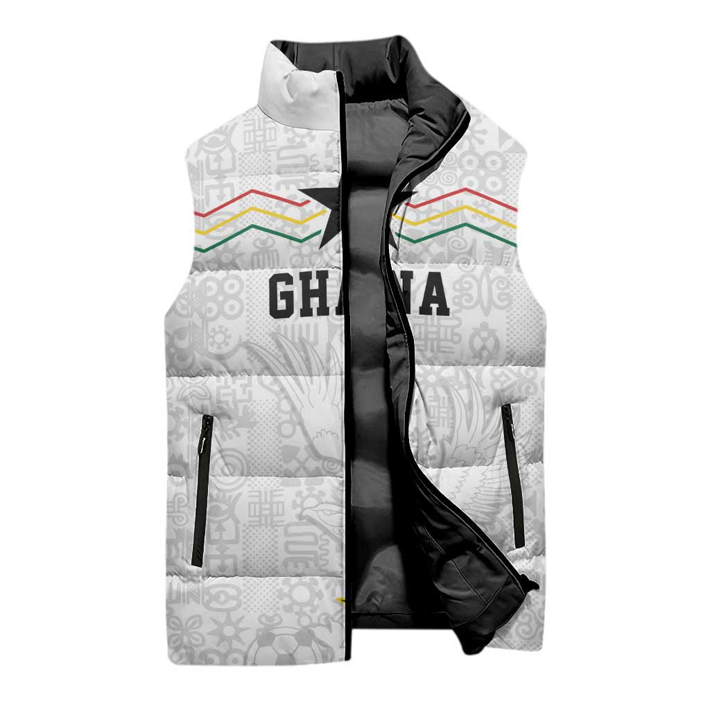 Custom World Football 2026 Ghana Sleeveless Puffer Jacket Black Stars Rise with White Adinkra Pattern